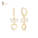 Love knot of white CZs drop heart 14K Gold Huggie Earrings