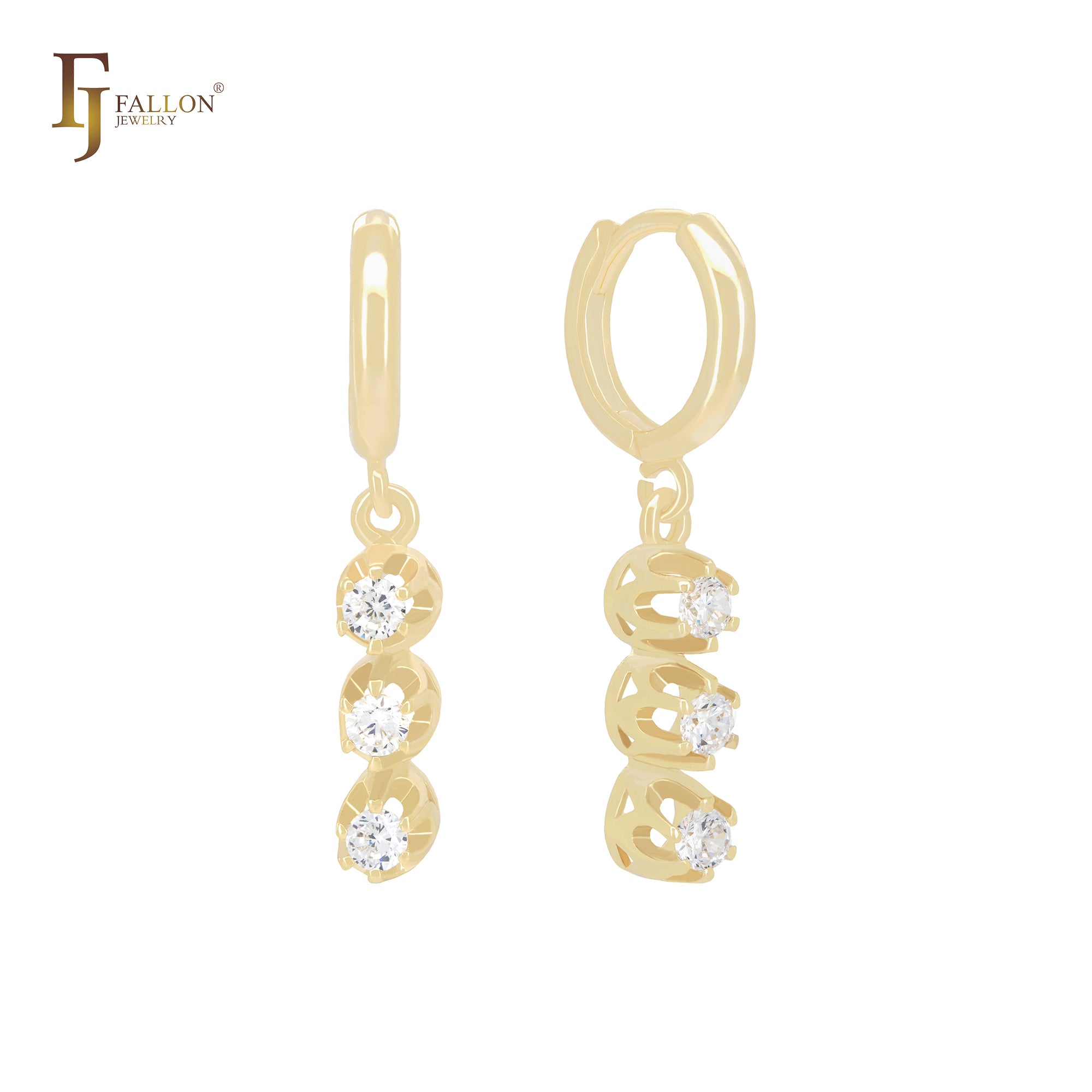 Triple white Czs drop 14K Gold Huggie Earrings