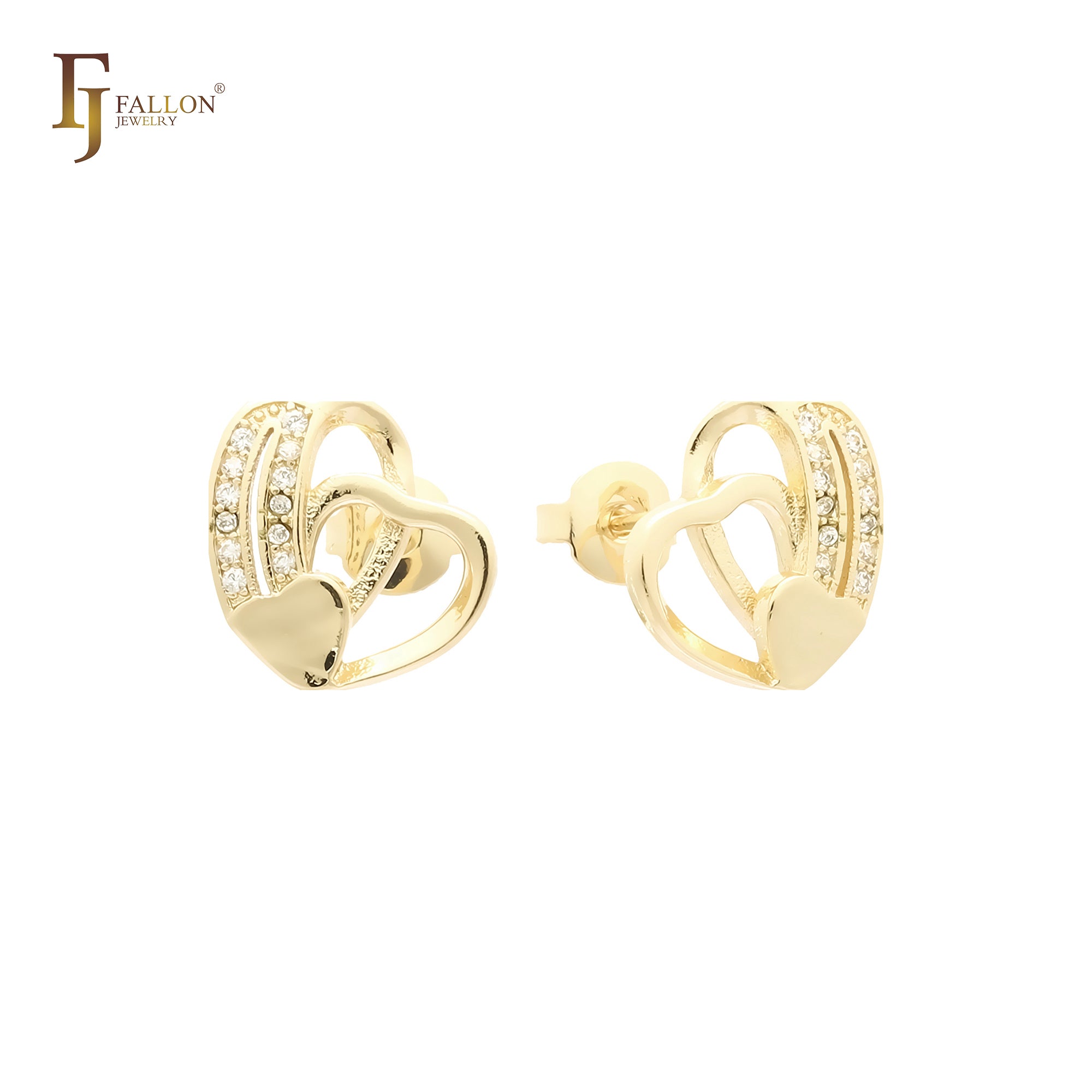 Corazón en corazón pavimentado blanco cz oro de 14 quilates, aretes de oro rosa