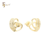 Corazón en corazón pavimentado blanco cz oro de 14 quilates, aretes de oro rosa