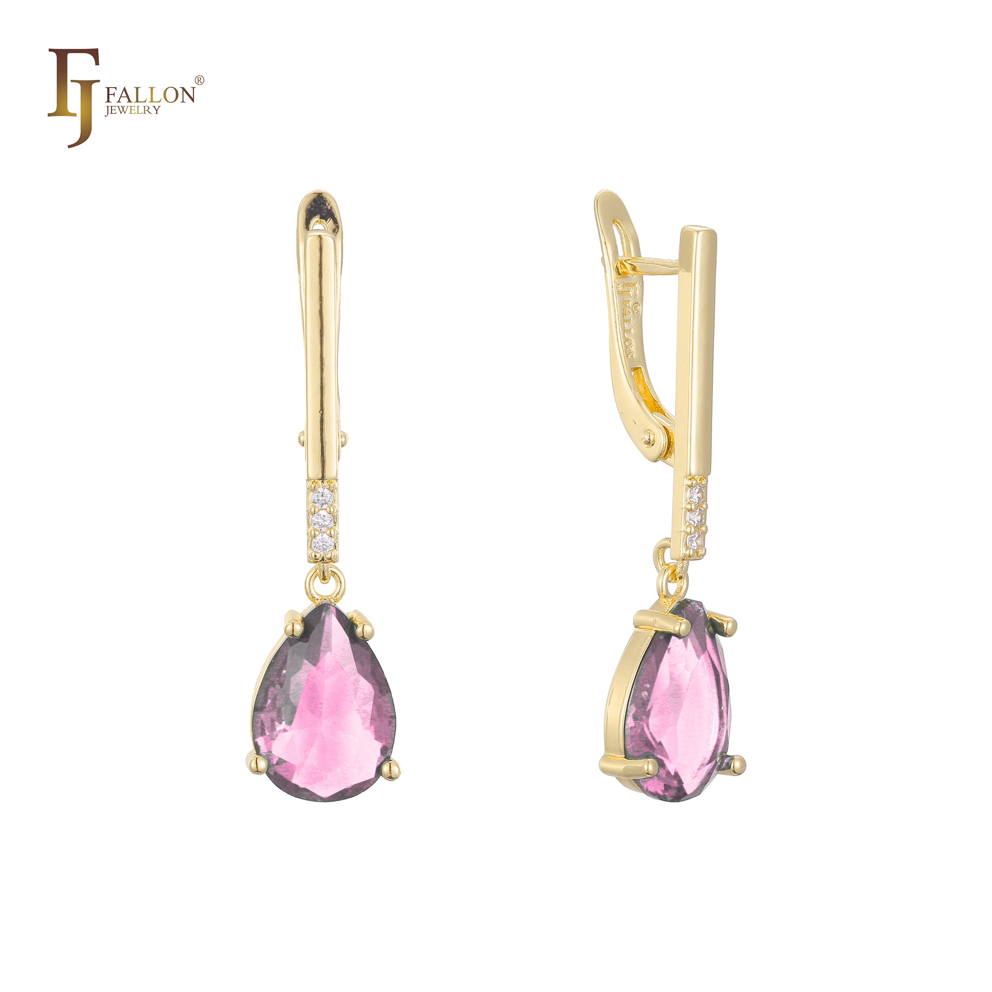 Solitaire teardrop stone earrings in 14K Gold, Rose Gold, two tone plating colors