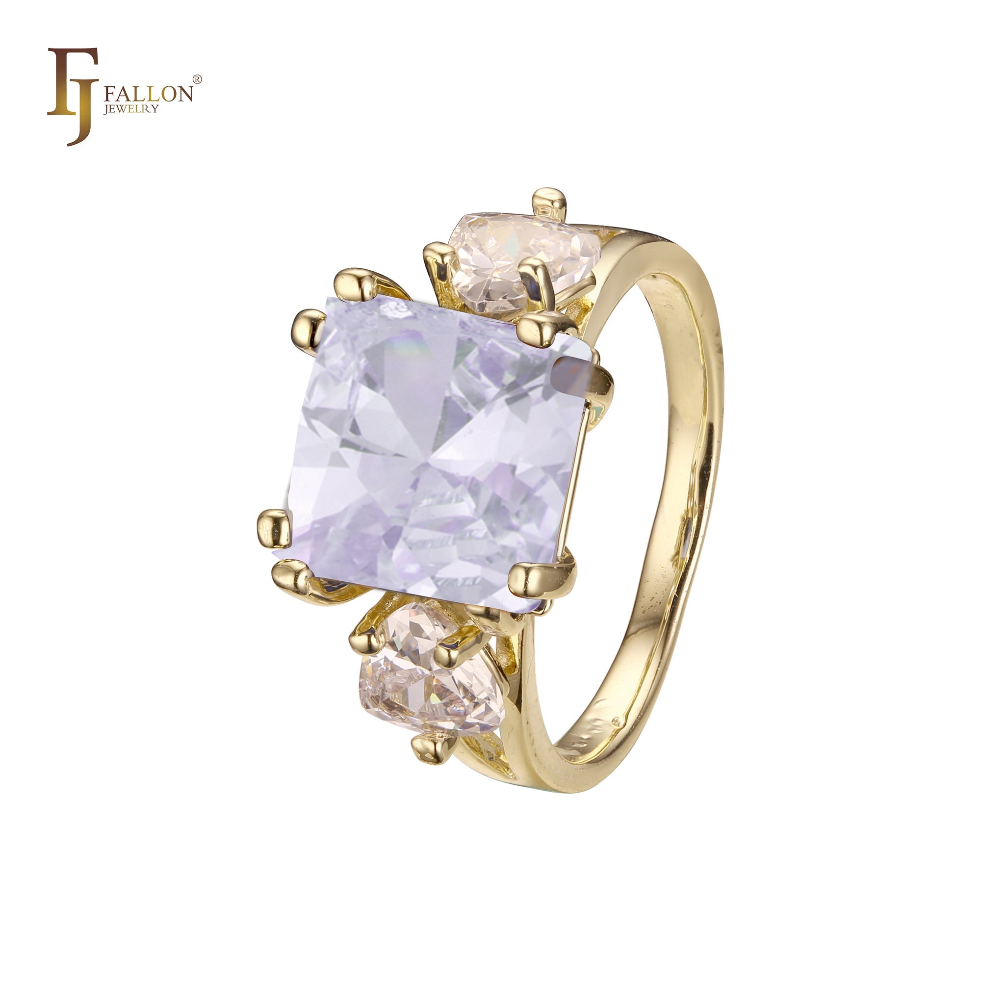 Solitaire big emeald cut colorful CZ sided with two white CZs 14K Gold engagement rings