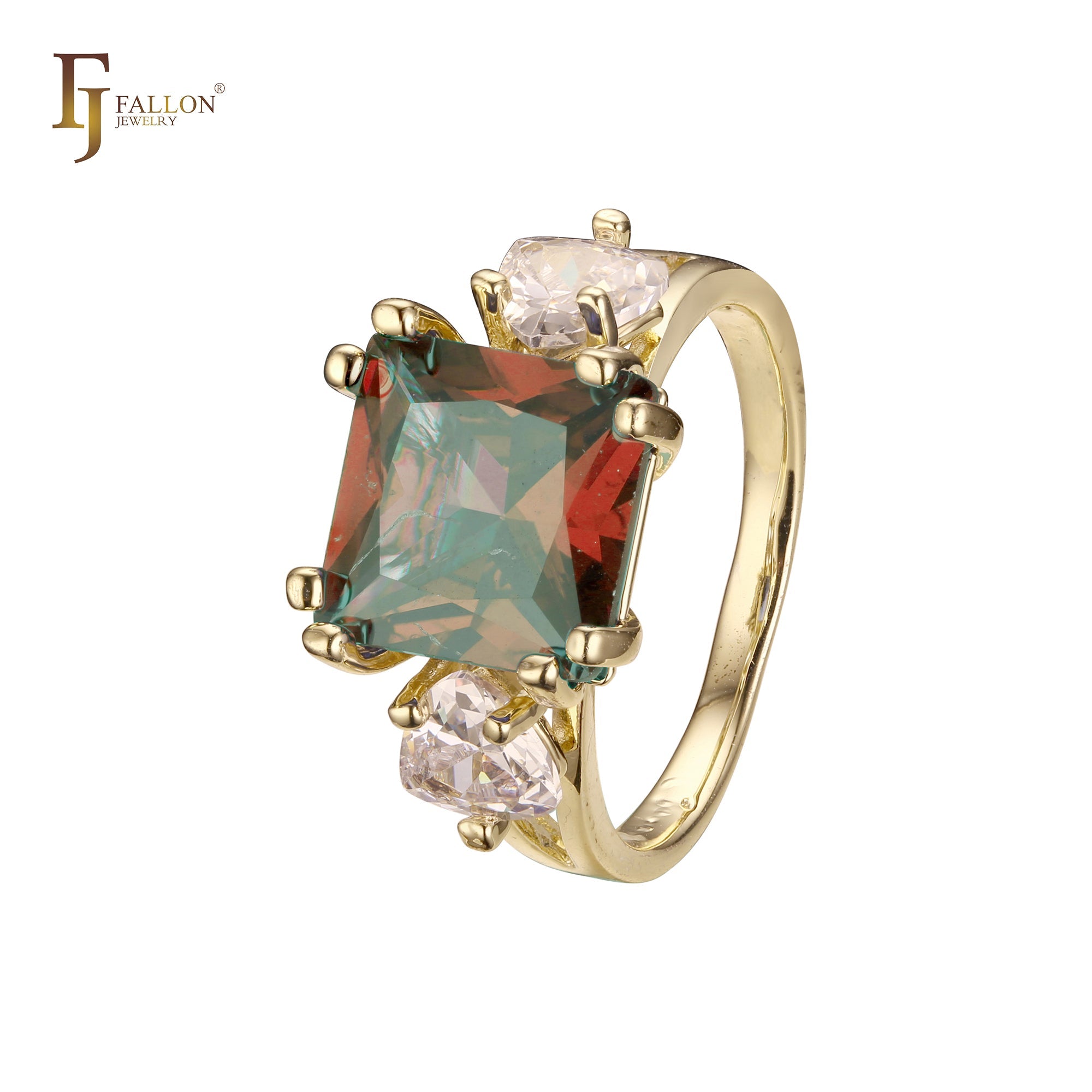 Solitaire big emeald cut colorful CZ sided with two white CZs 14K Gold engagement rings