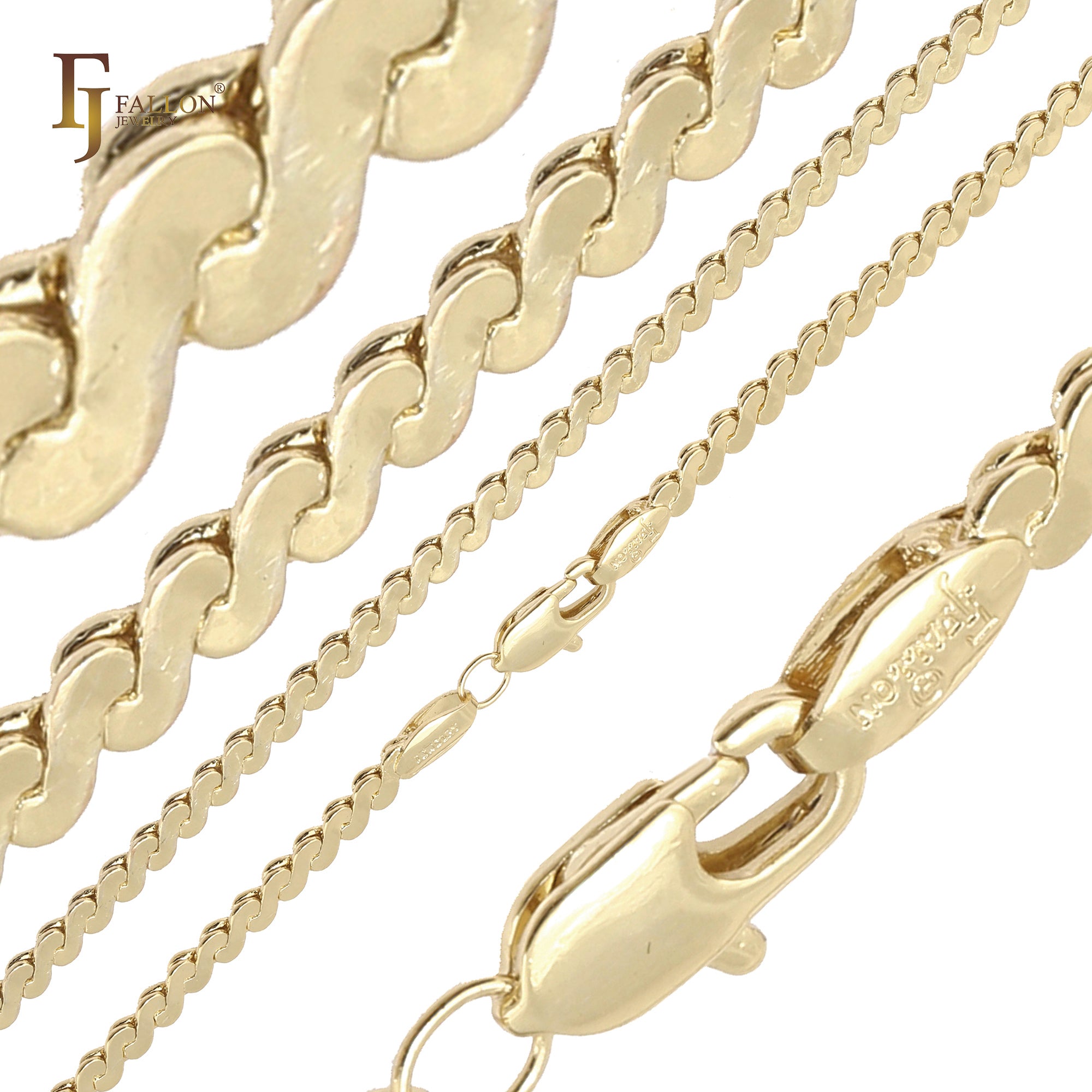 Serpentine fancy link wide Chains plated in 14K Gold, 18K Gold, Rose Gold and White Gold