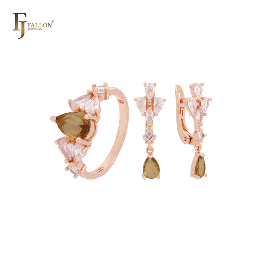 Pear shape cluster coffee CZs Rose Gold Jewelry Set with Rings