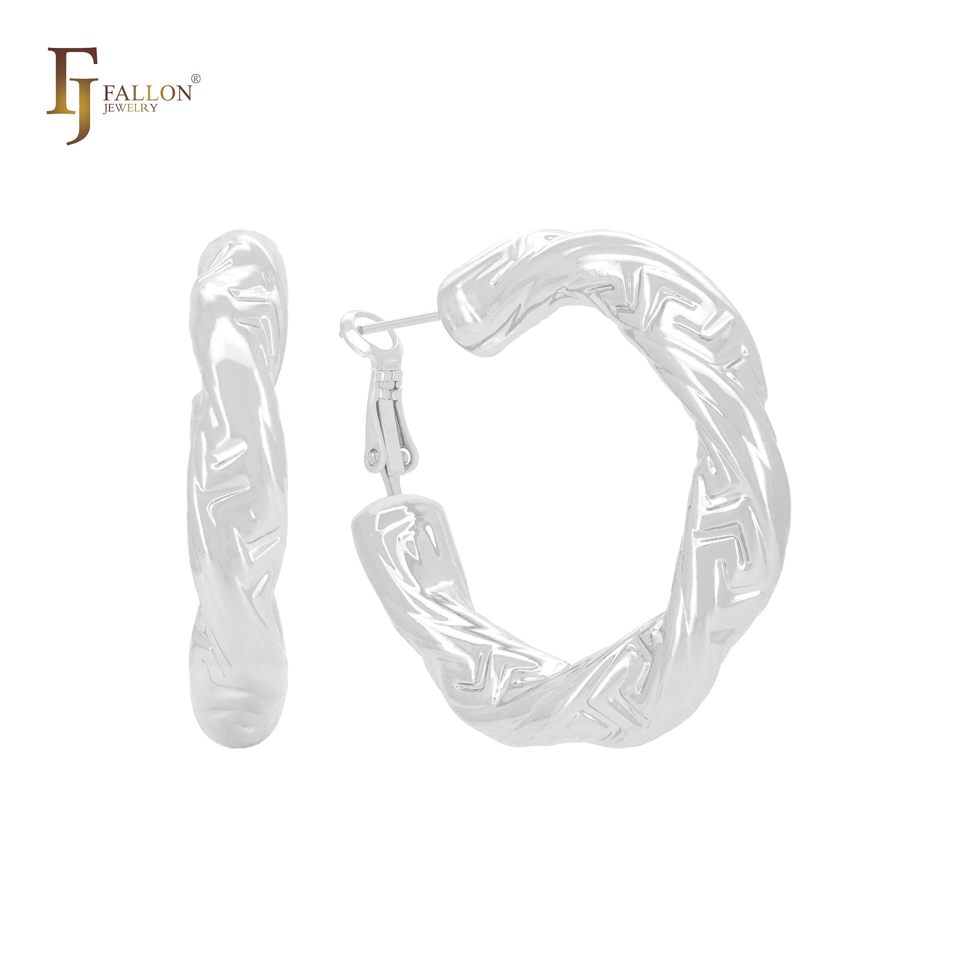 Twisted tube irregular Greek Key shaped 14K Gold, Rose Gold, White Gold Hoop Earrings