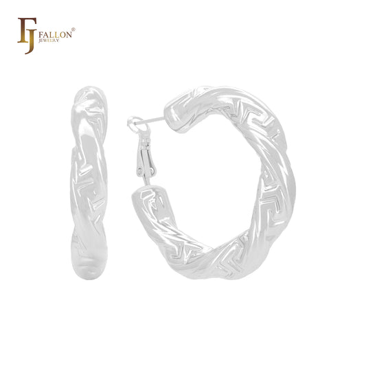 Twisted tube irregular Greek Key shaped 14K Gold, Rose Gold, White Gold Hoop Earrings