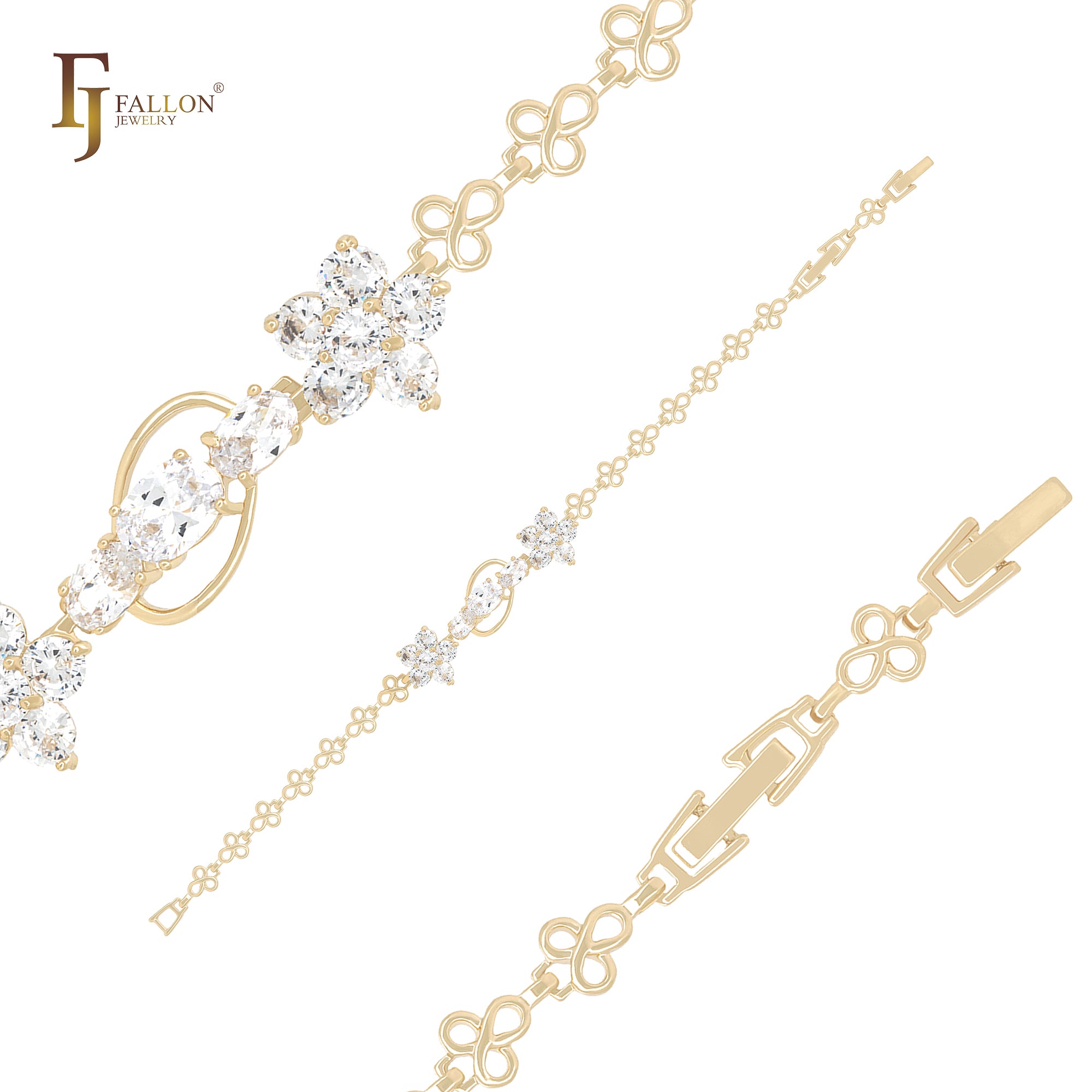 Wonderful flower of triple petals and white CZs cluster 14K Gold Bracelets