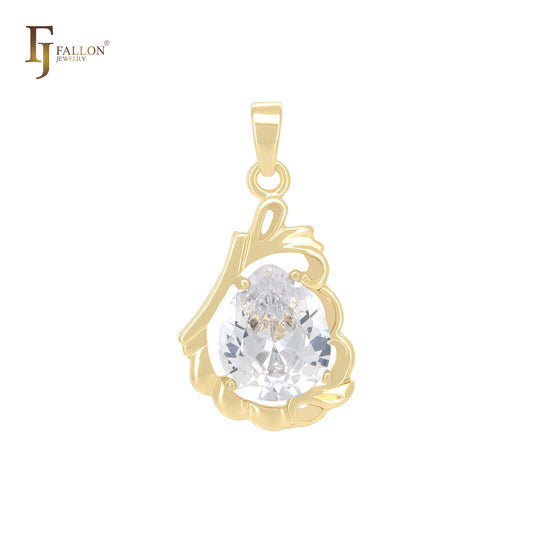 Wave ribbons of Solitaire colorful CZ 14K Gold Solitaire Pendant