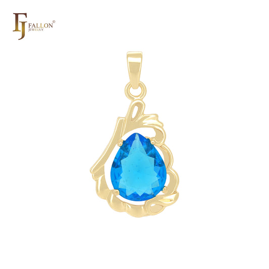 Wave ribbons of Solitaire colorful CZ 14K Gold Solitaire Pendant