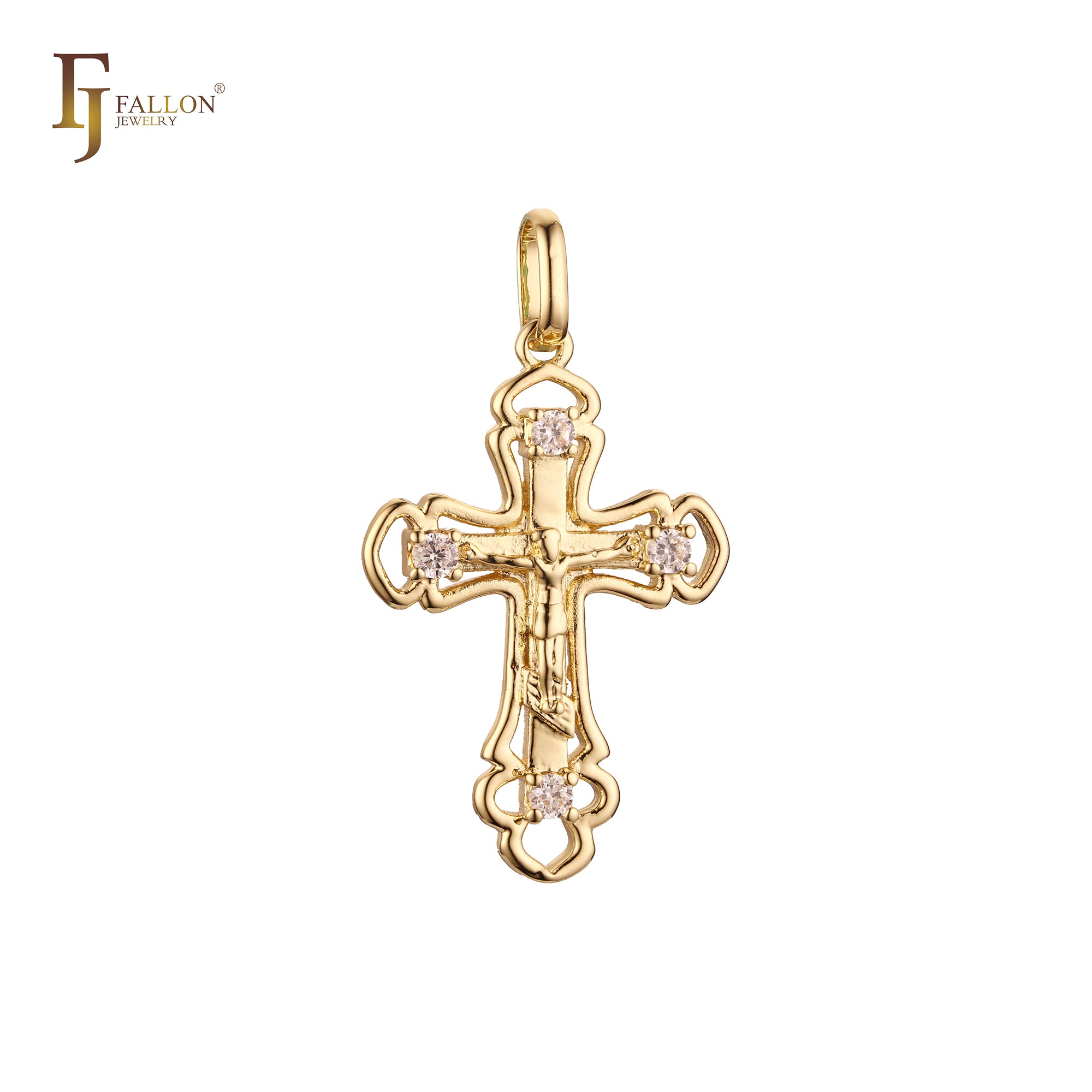 Pingente com crucifixo ortodoxo com botão cruzado em ouro rosa, cores banhadas a ouro 14K