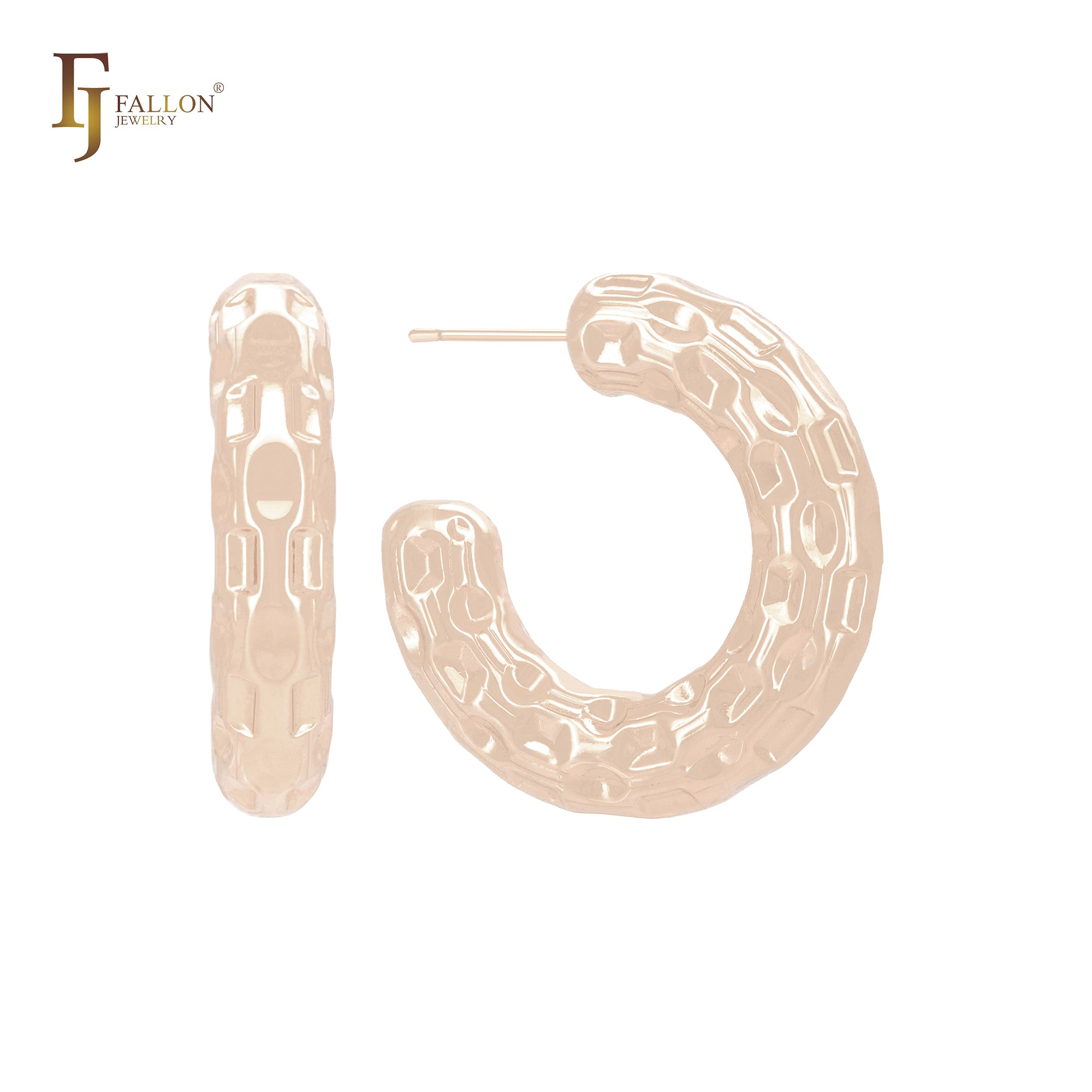 Rounded nugget shape texuted tube C Hoop 14K Gold, Rose Gold, White Gold Stud Earrings