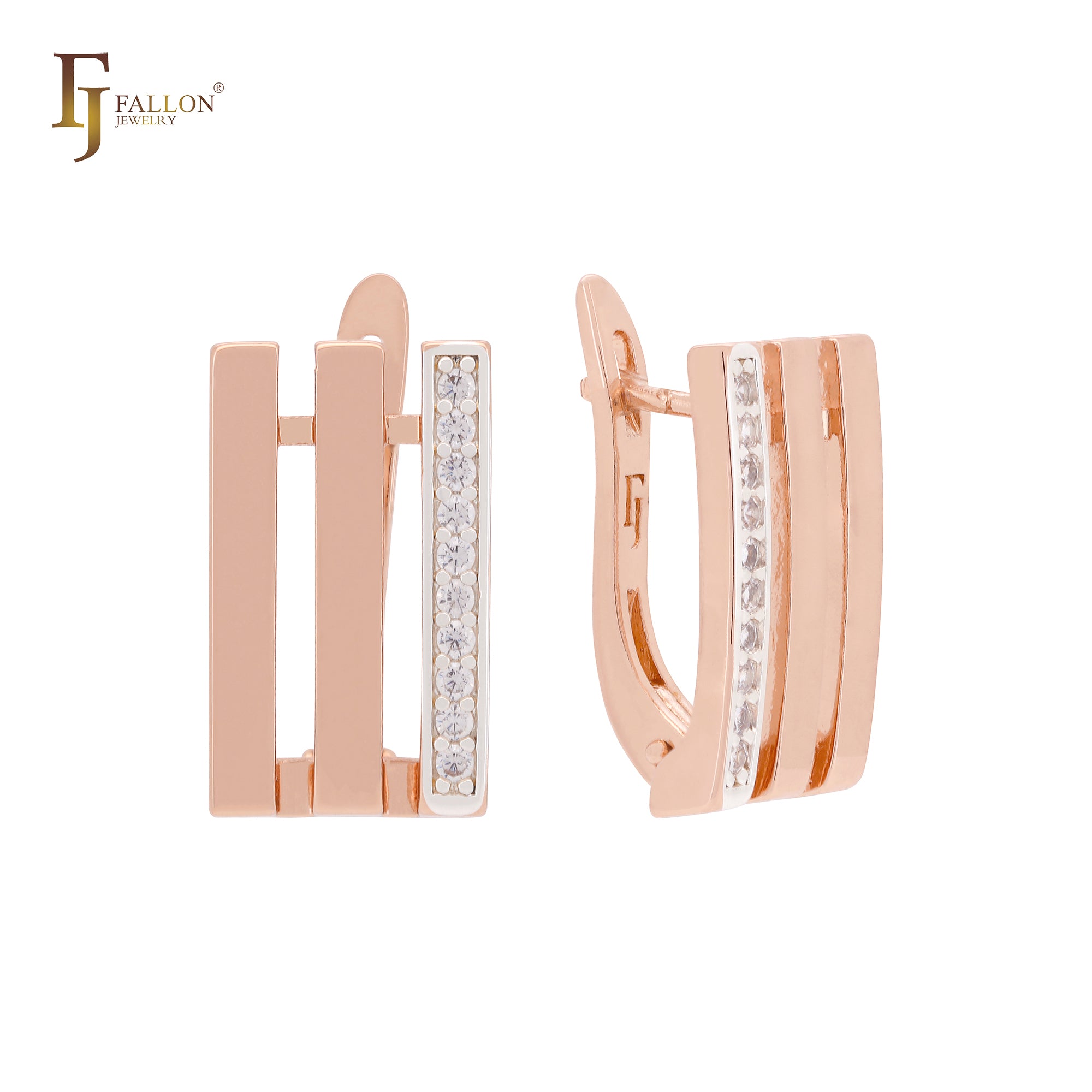 Triple rows with paved white CZs Rose Gold two tone Clip-On Earrings