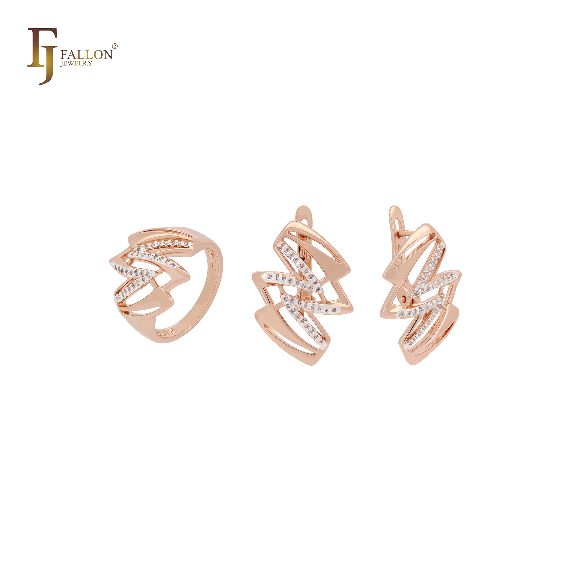 Lightning sign zigzac of white CZs Rose Gold two tone Jewelry Set with Rings