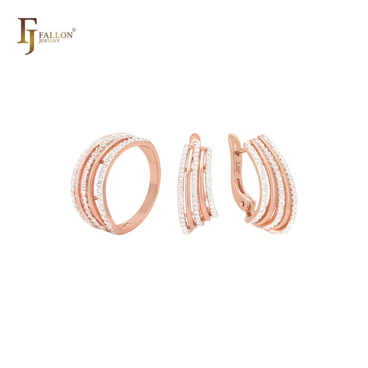 Geometric Five rows of white CZs Rose Gold two tone Jewelry Set