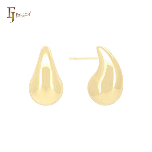 Big glossy curved teardrop shaped 14K Gold, Rose Gold, White Gold Stud Earrings