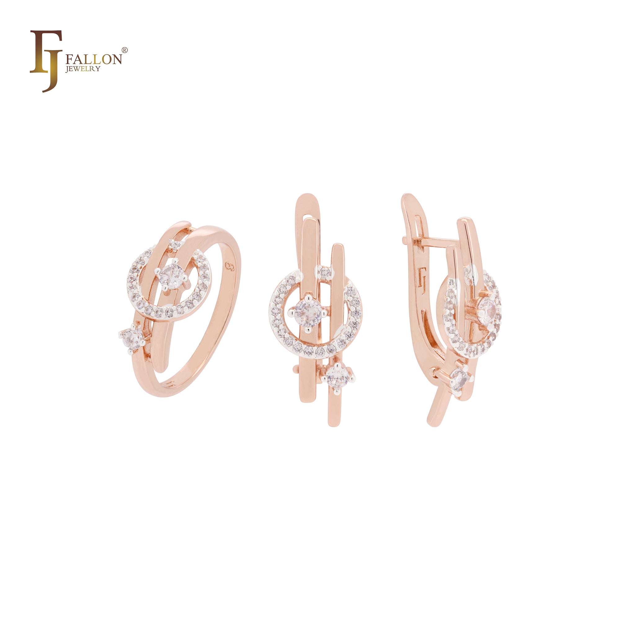 Circle of white CZs interlocking stars Rose Gold two tone Jewelry Set with Rings