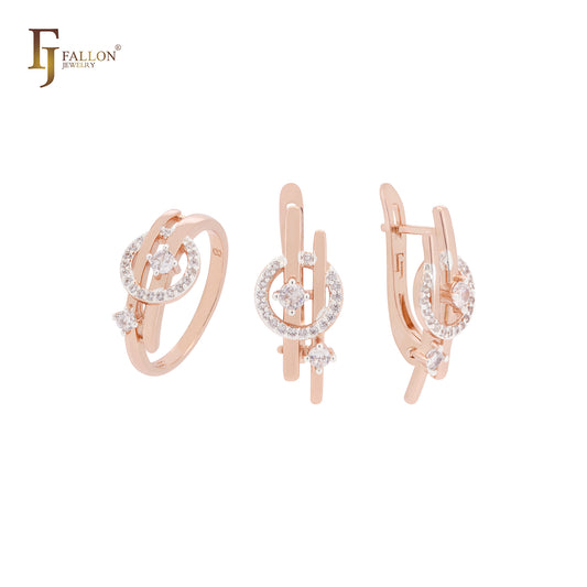 Circle of white CZs interlocking stars Rose Gold two tone Jewelry Set with Rings