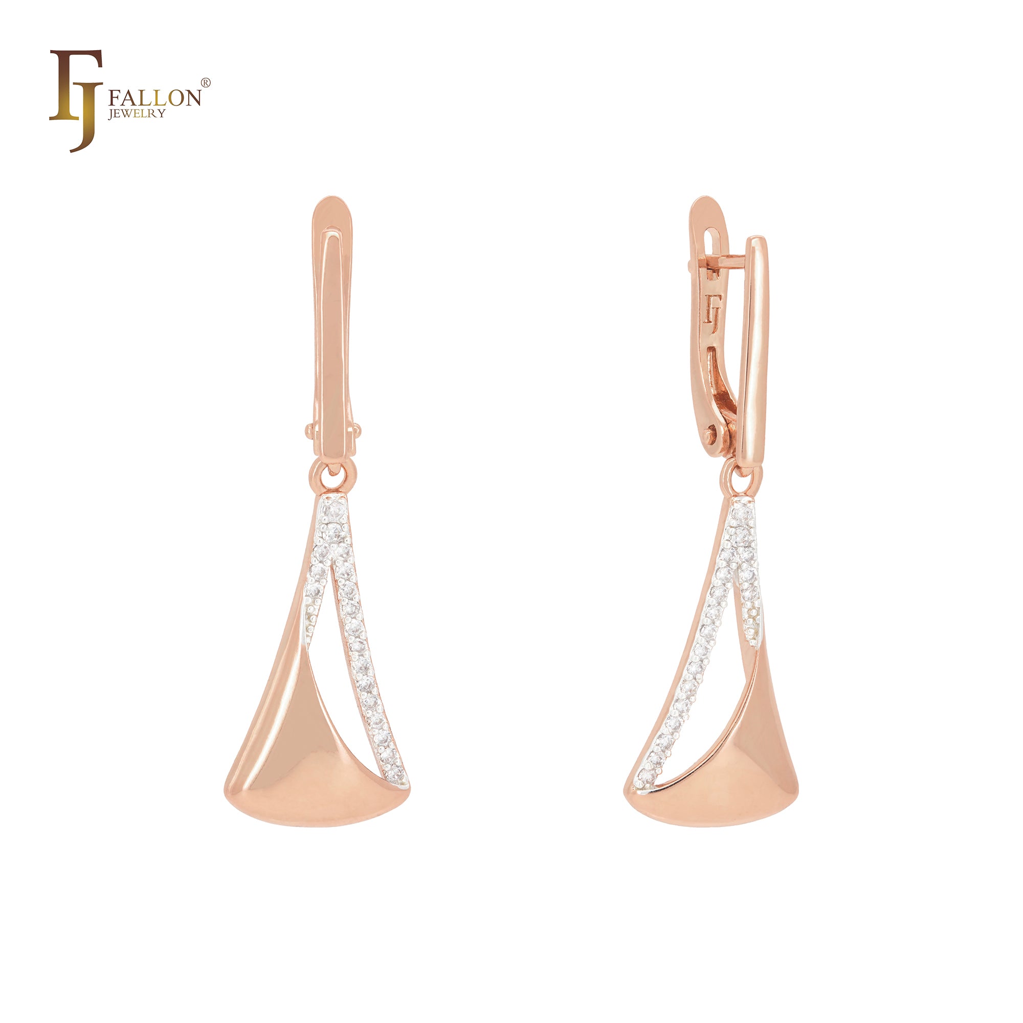 Triangular pendulum of white CZs Rose Gold Clip-On Earrings