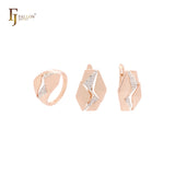 Lightning sign of geometric hexagon white CZs Rose Gold two tone Jewelry Set with Rings