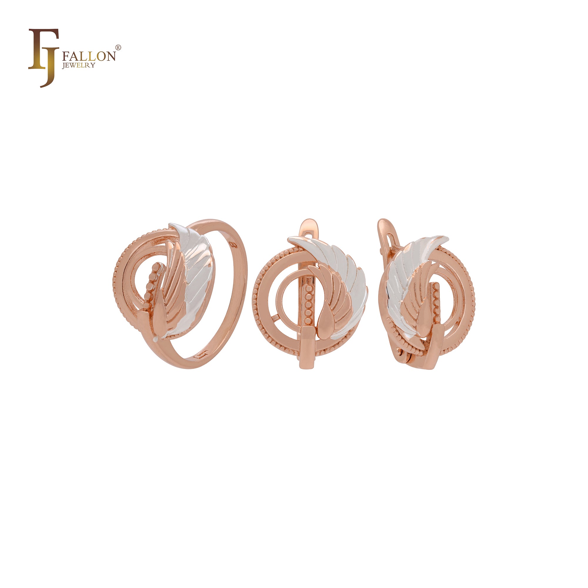 Angel's Feather Wings circle Rose Gold Jewelry Set with Rings