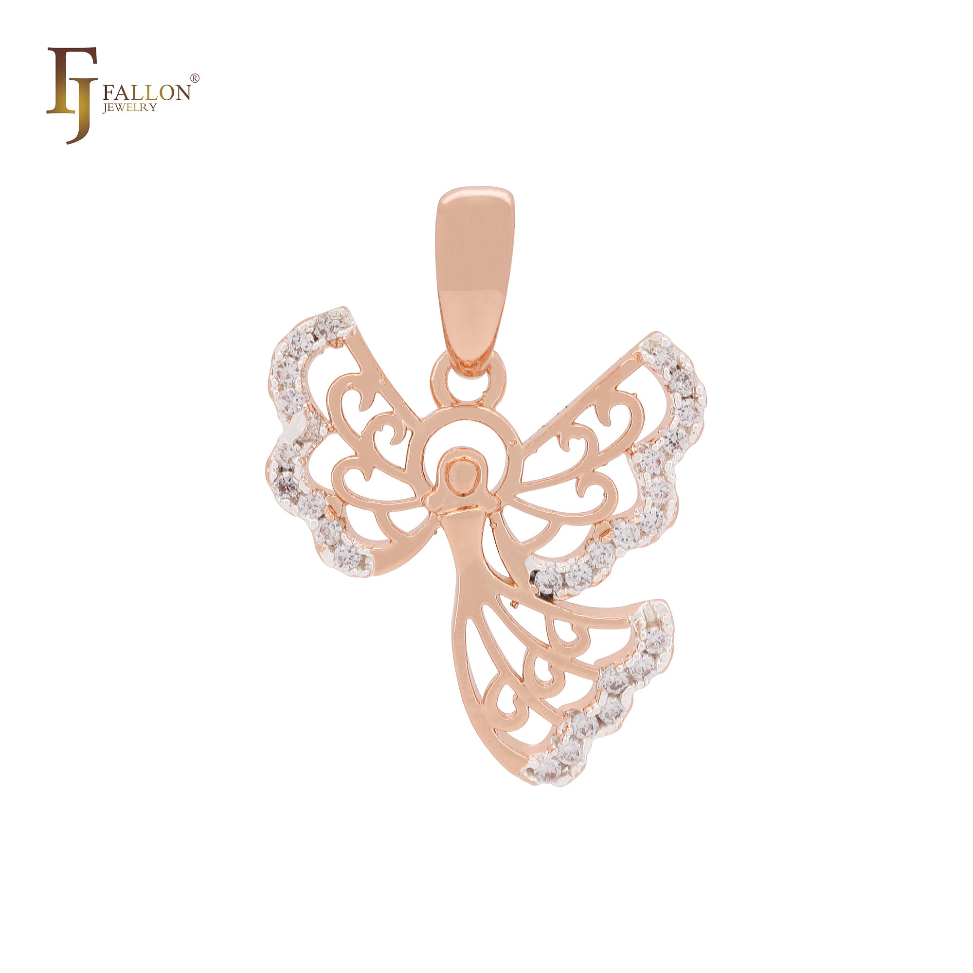 Dancling flying fairy angel of white CZs Rose Gold two tone pendant