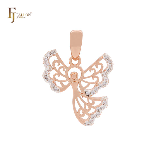 Dancling flying fairy angel of white CZs Rose Gold two tone pendant