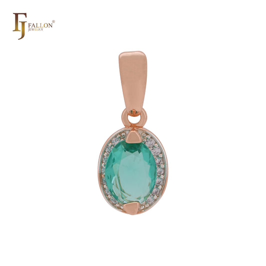 Halo giant oval deep apple green CZ with white czs Rose Gold two tone Pendant