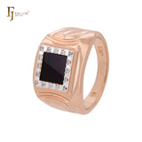 Halo white CZs painted black Rose Gold two tone Signet Men's Rings