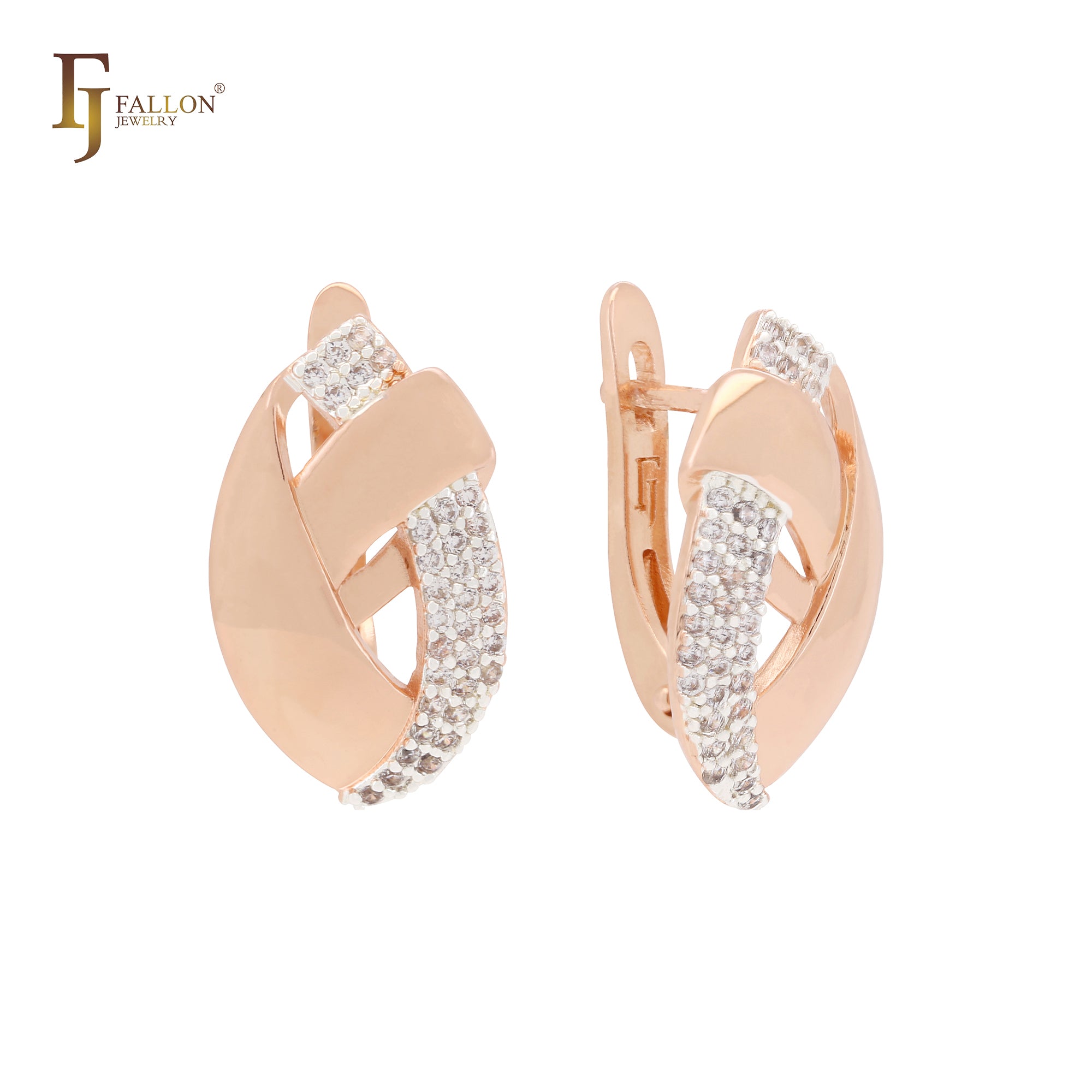 Overlapping Ribbons of white CZs Rose Gold two tone Clip-On Earrings