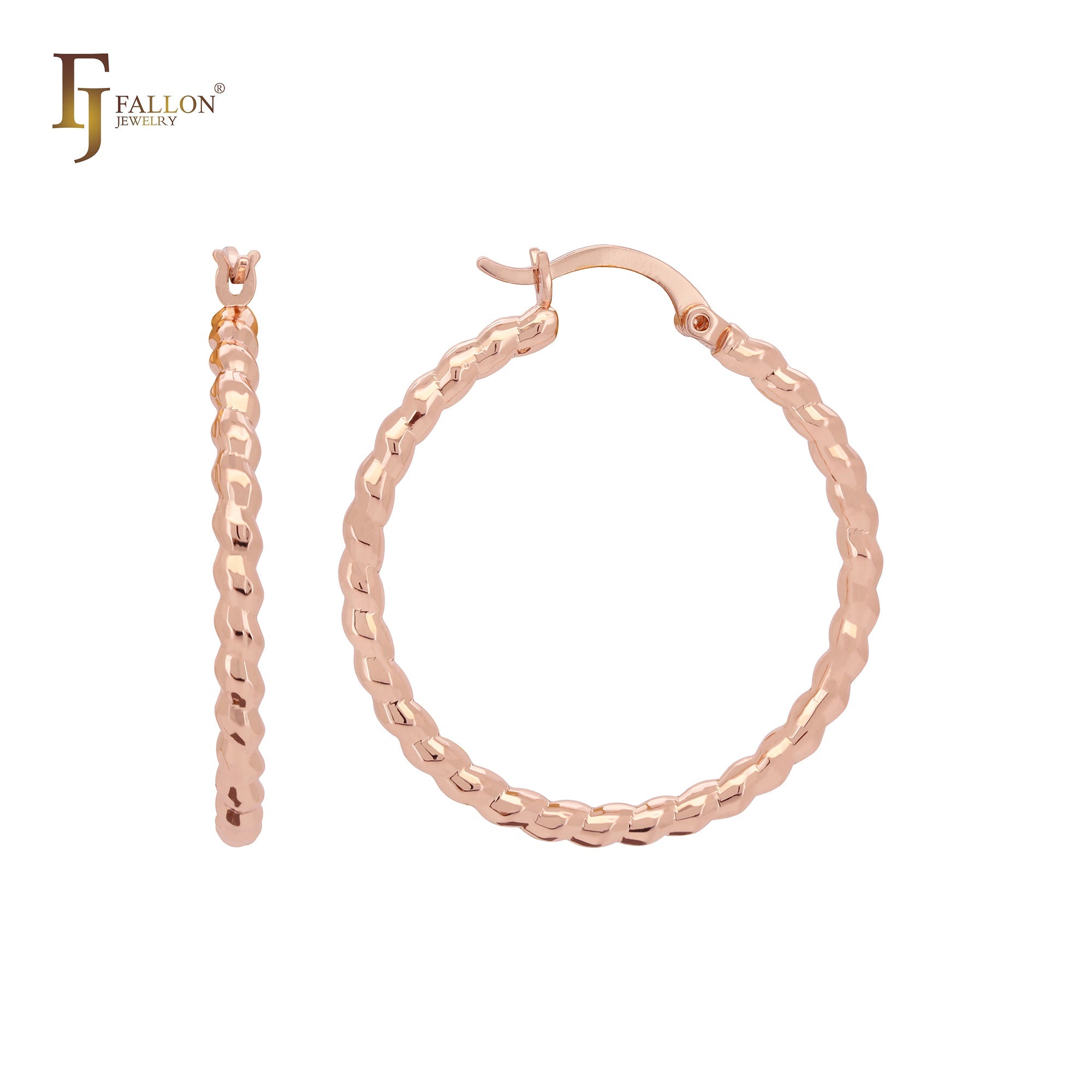 Rounded Edged rope textured minimalism elegant 14K Gold, Rose Gold Hoop Earrings