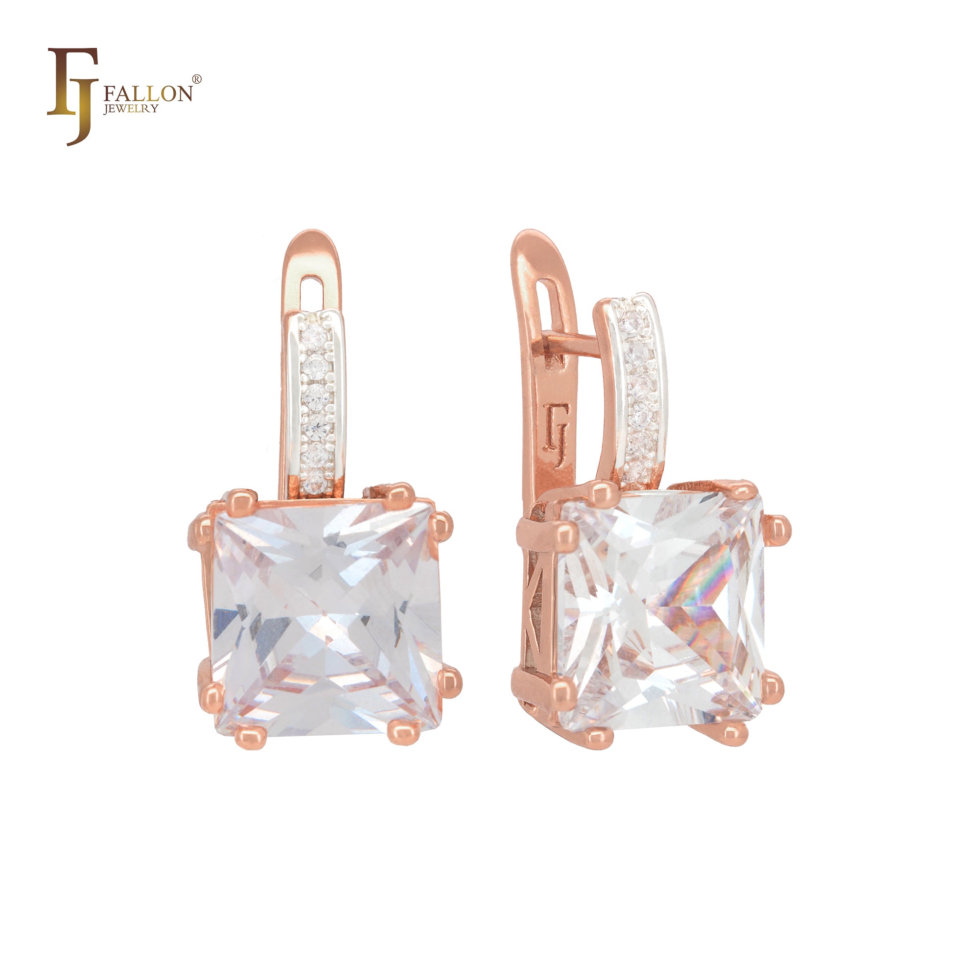 Squared White or blue CZ with paved white CZs band Rose Gold Clip-On Earrings