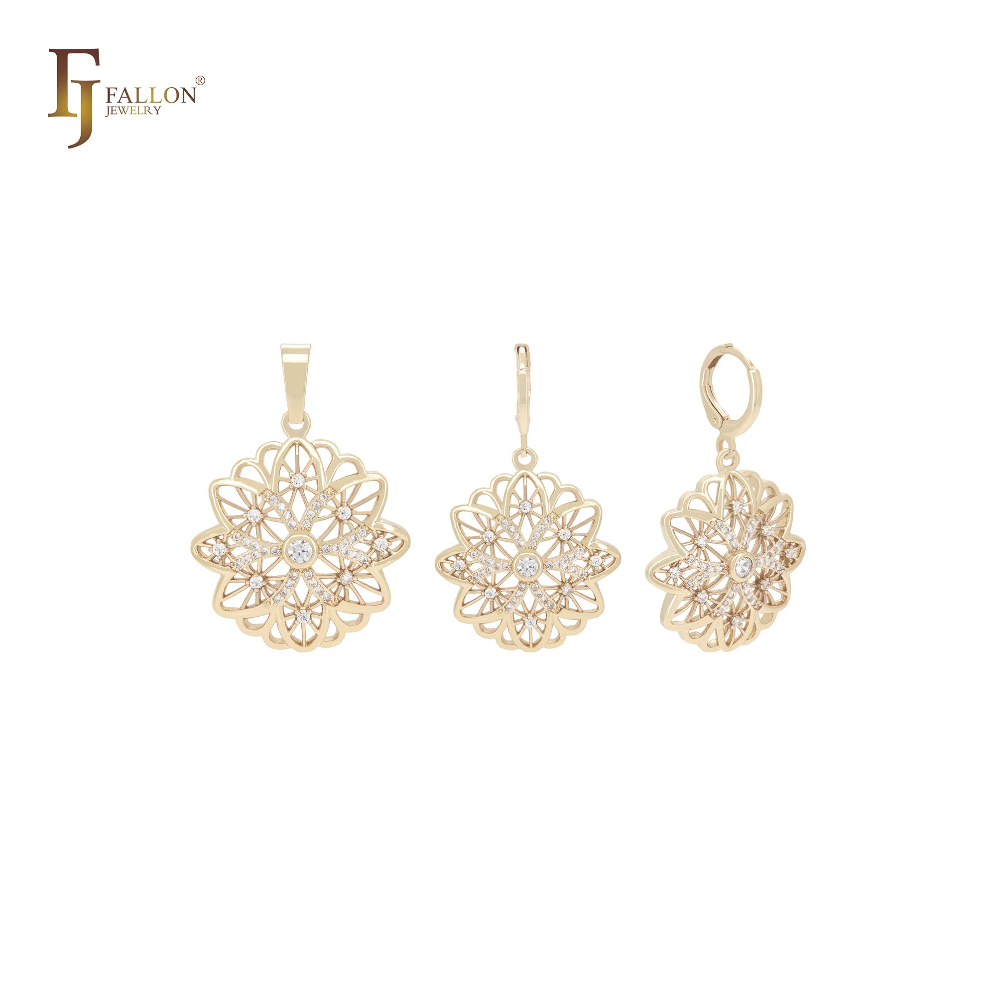 Kleidoscope white CZs octa eight star petals 14K Gold Jewelry Set with Pendant