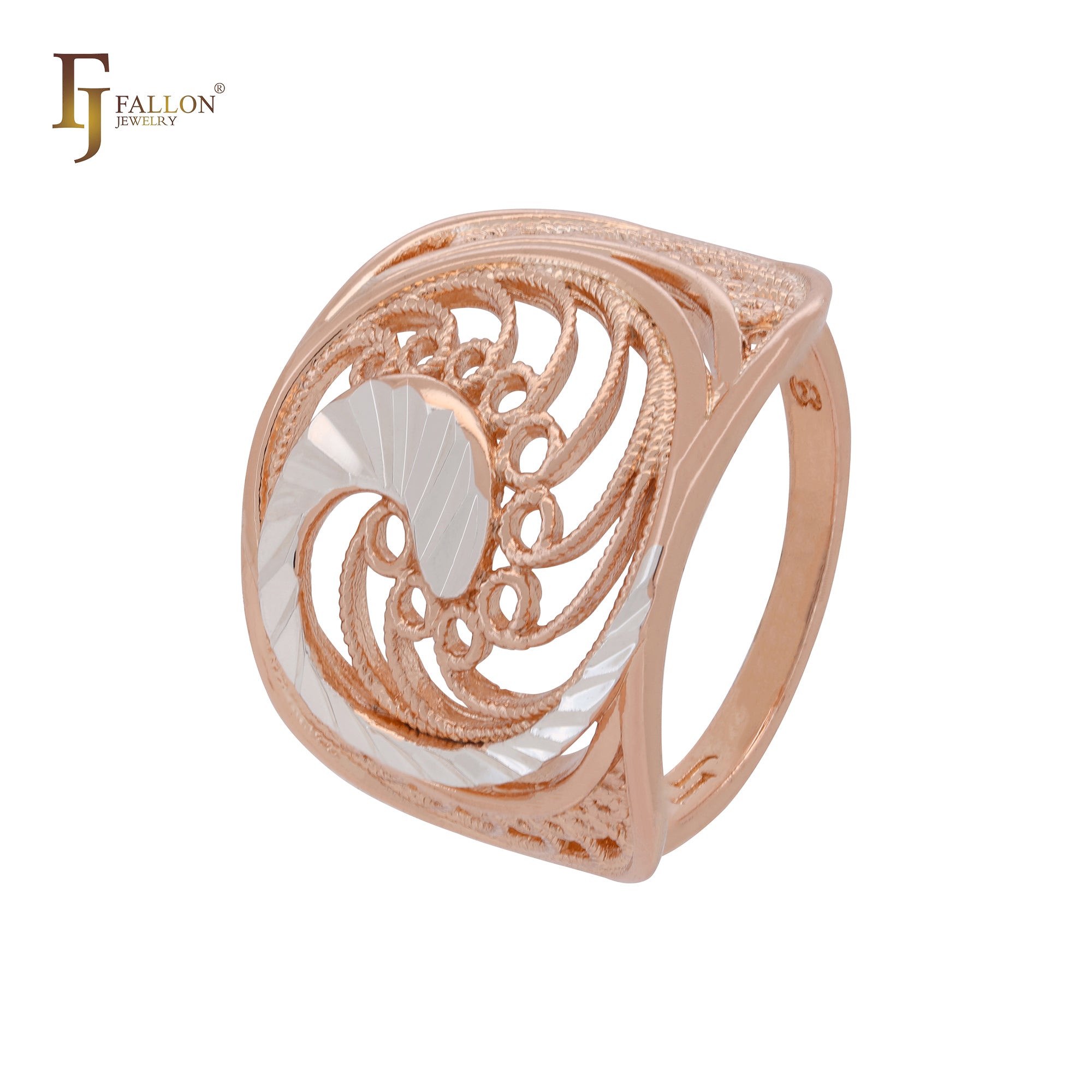 Wide grand wavy filigree Rose Gold two tone Fashion Rings