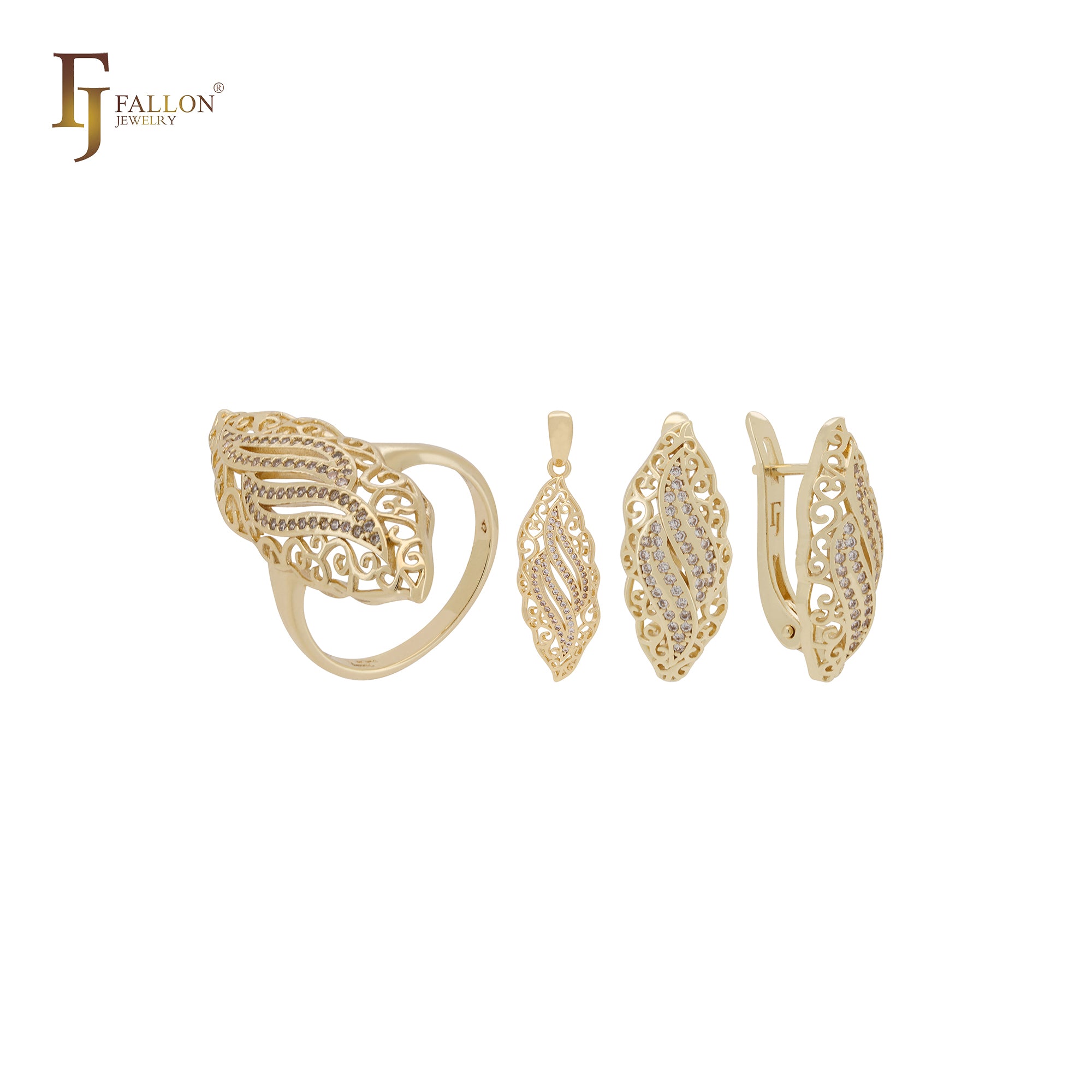 Marquise twisted complex filigree design 14K Gold, Rose Gold Jewelry Set with Rings and Pendant