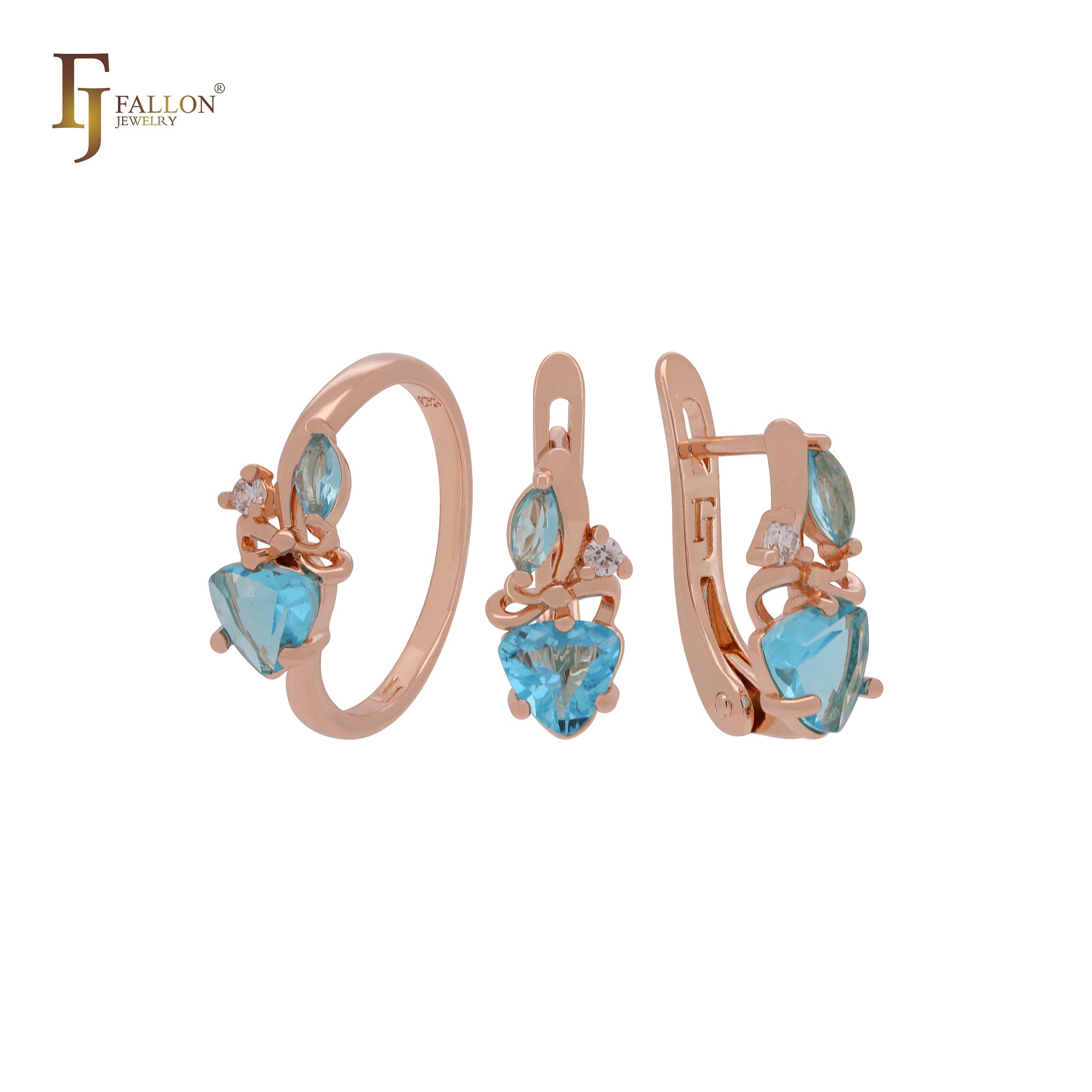 Cluster lake blue CZs Rose Gold Jewelry Set with Rings