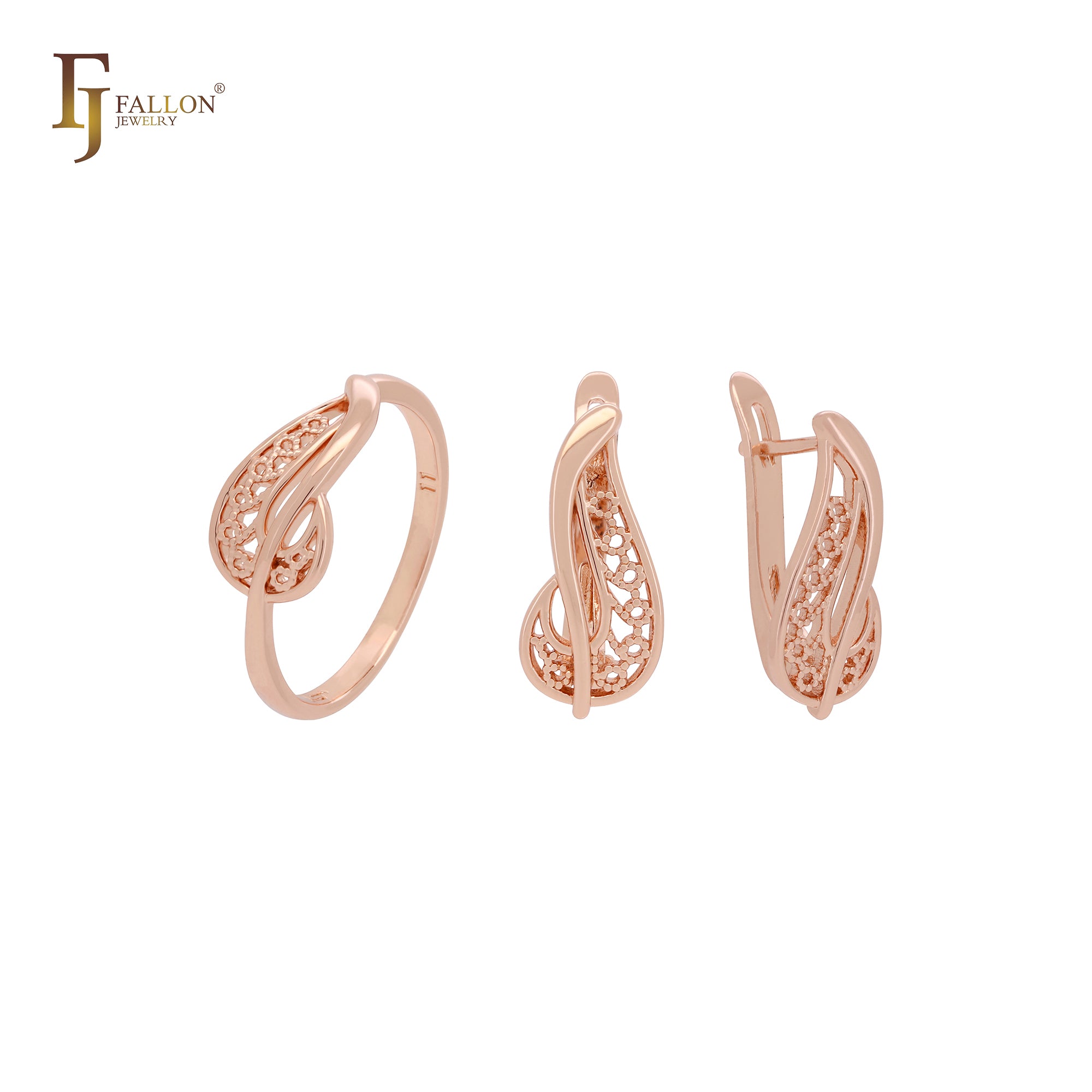 Minimalism leaves of Filigree Rose Gold Jewelry set with rings