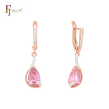 Pear shape pink CZ solitaire drop with white CZs Rose Gold two tone Clip-On Earrings