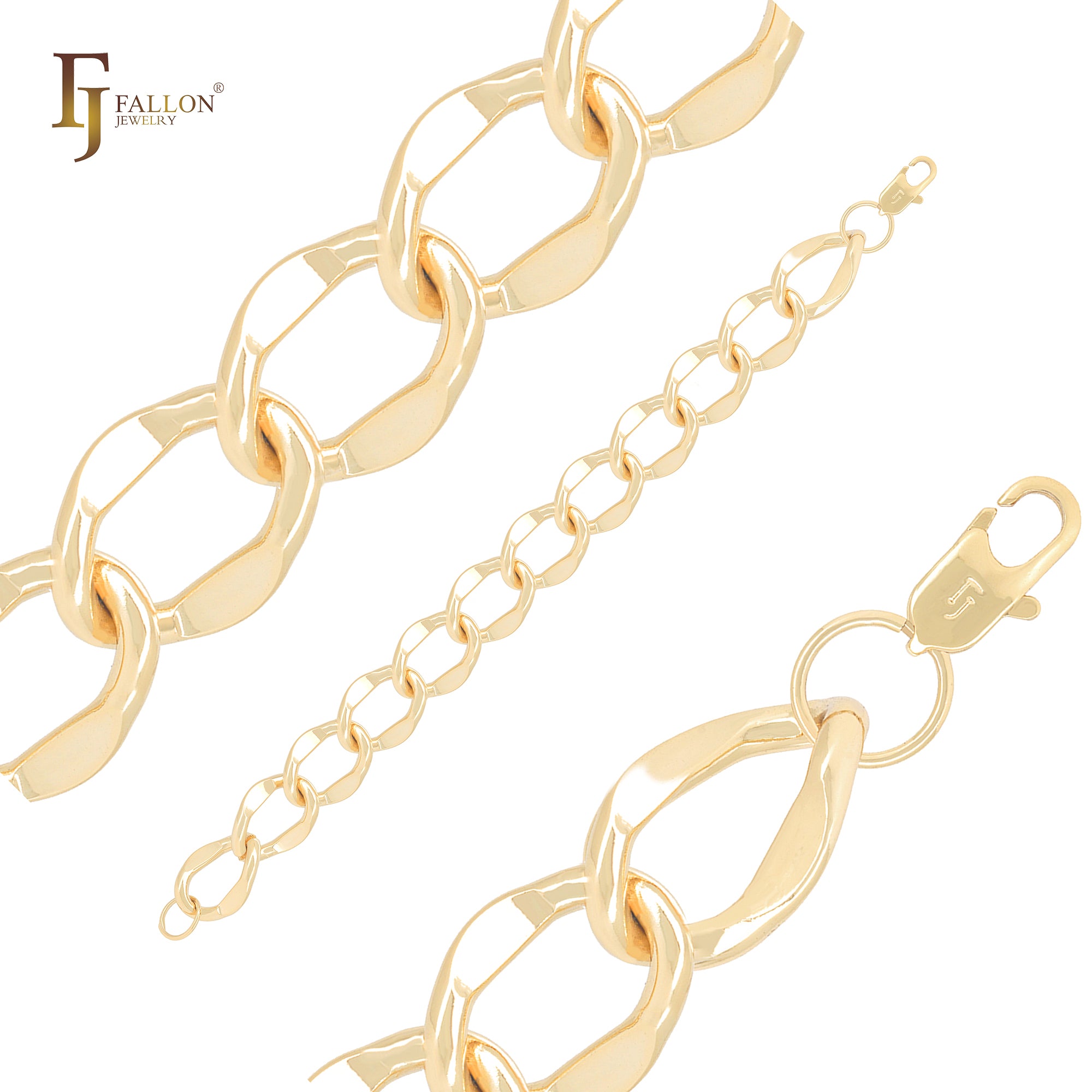 Wide oval hammered cable link 14K Gold Bracelets Chain