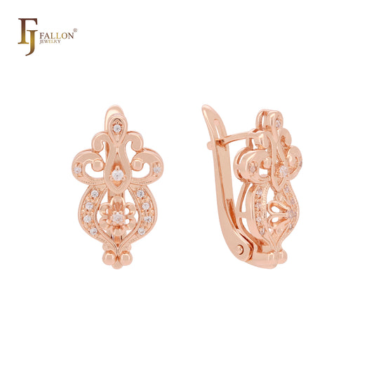 Filigree cluster white CZs flower 14K Gold, Rose Gold earrings