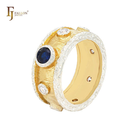 Ultra Copper textured red or blue CZ 14K Gold two tone Engagement Rings