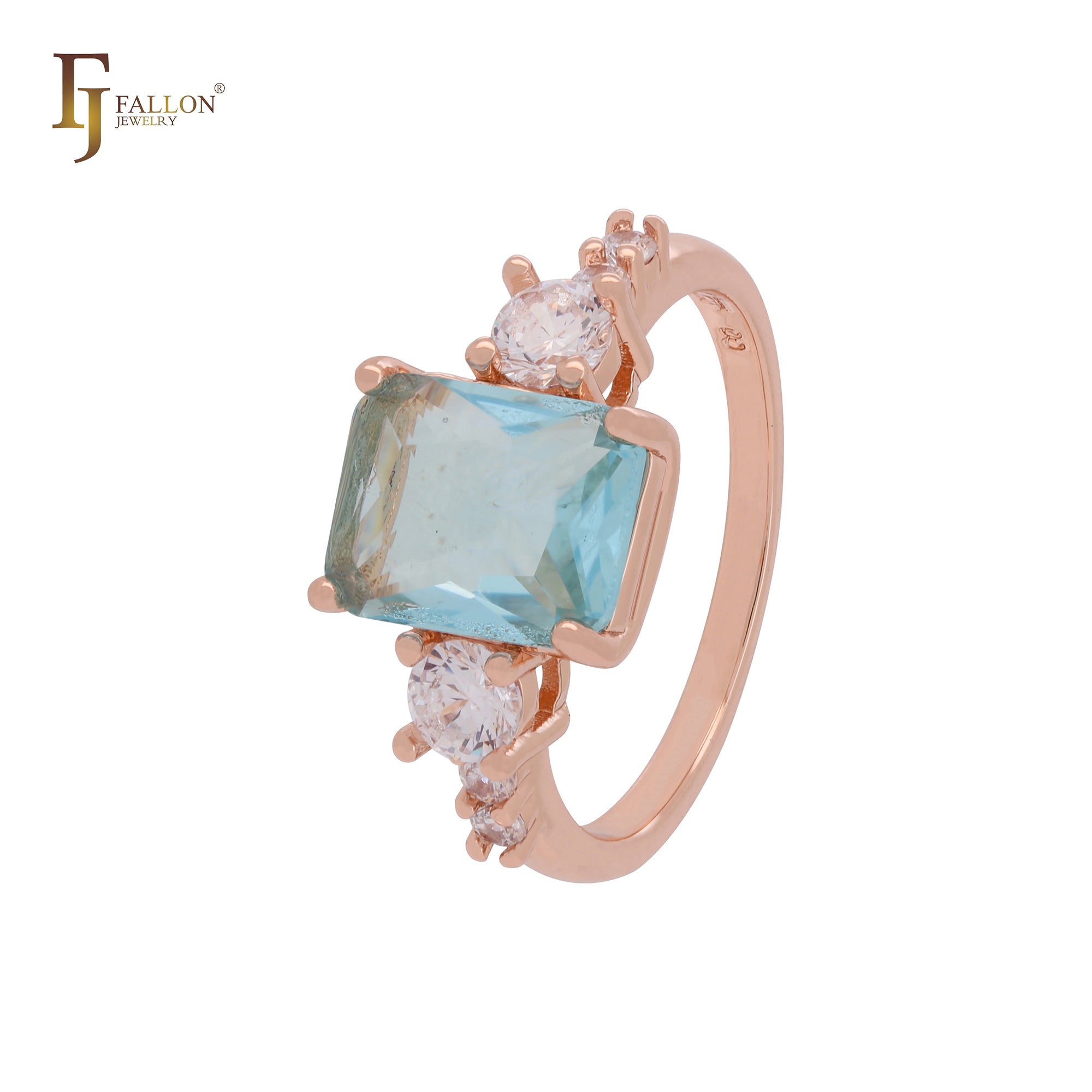 Emerald cut solitaire white and lake blue CZs Rose Gold Fashion Rings