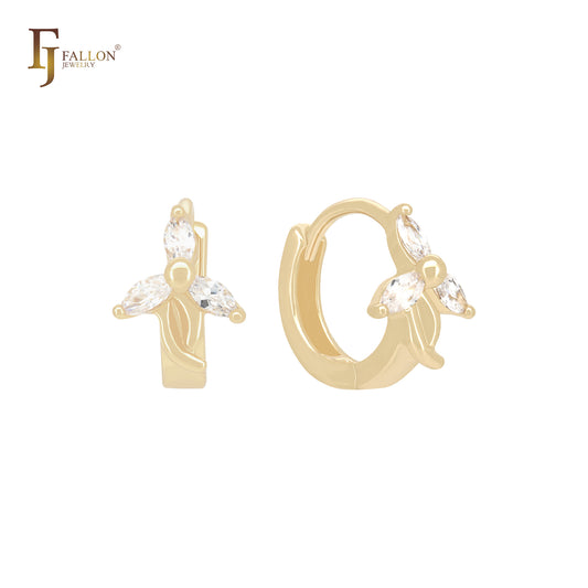 Triple white Marquise CZs 14K Gold Huggie earrings