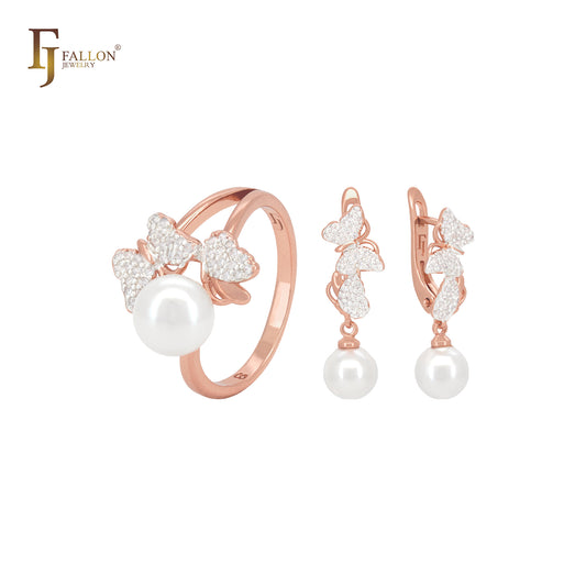 Butterfly and heart of white CZs and Pearl Rose Gold two tone Jewelry Set with Rings