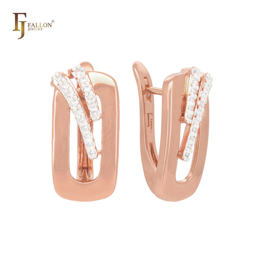 Oval rounded with two white CZs slashes Rose Gold Clip-On Earrings