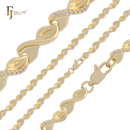 Leaves of twisted 8 paved white CZs 14k Gold Fancy Link Chains