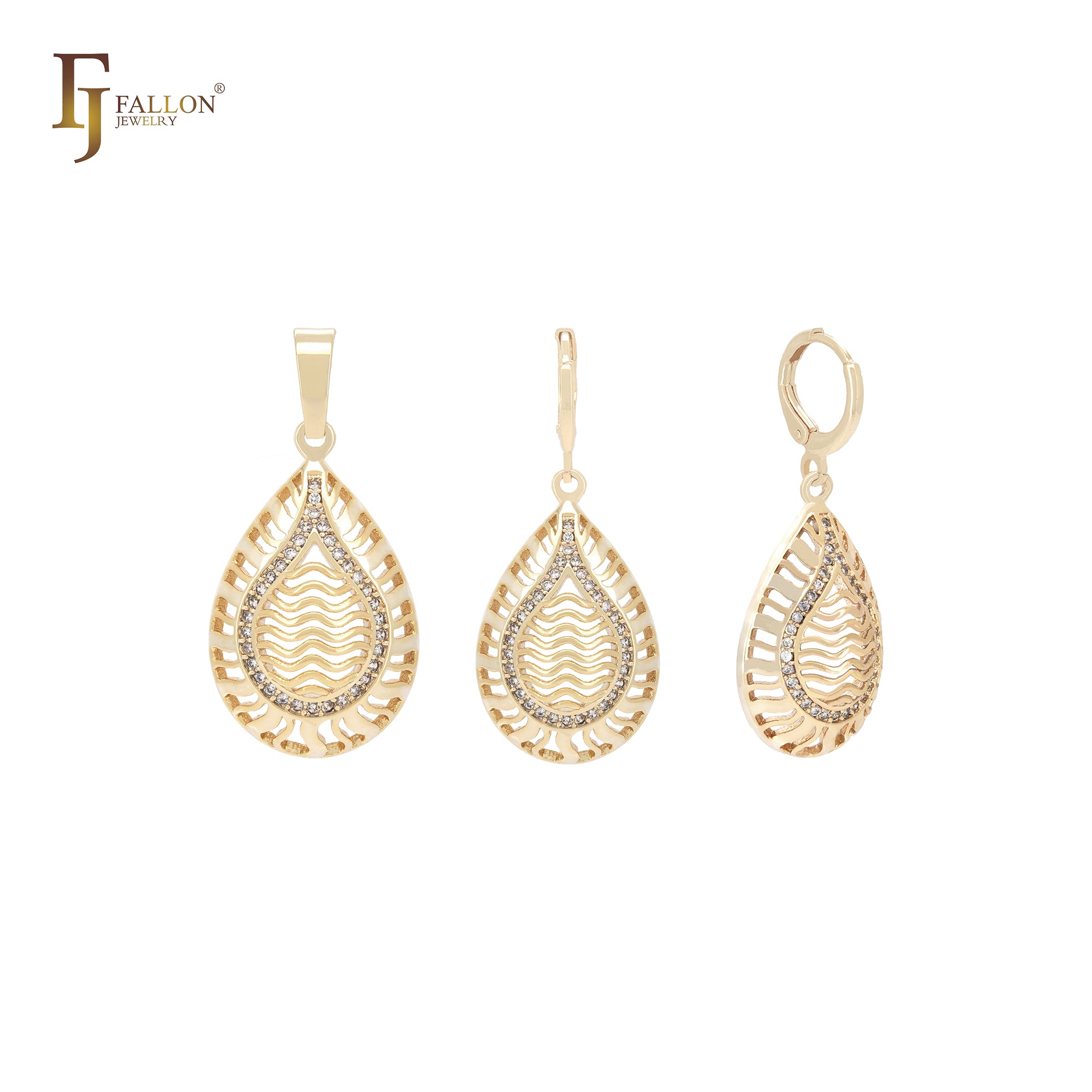 Teardrop shape filigree caged white CZs 14K Gold Jewelry Set with Pendant