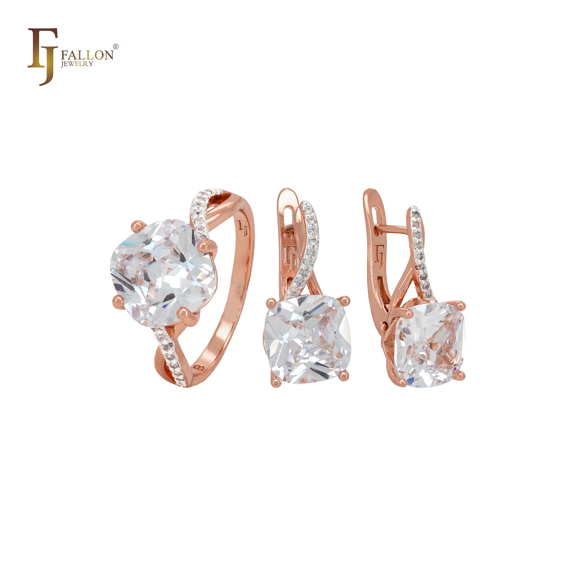 Solitaire white CZs with paved white CZs Rose Gold two tone Jewelry Set with Rings