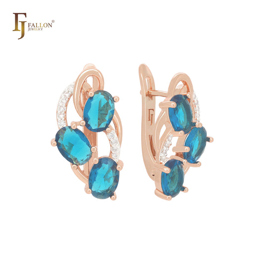 Triple ocean blue CZs cluster Rose Gold two tone Clip-On Earrings