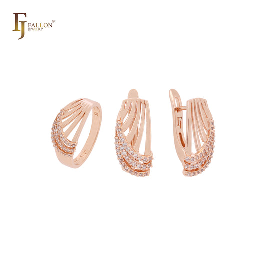 Triple white CZs layers interlocking thousand ribbons Rose Gold Jewelry Set with Rings